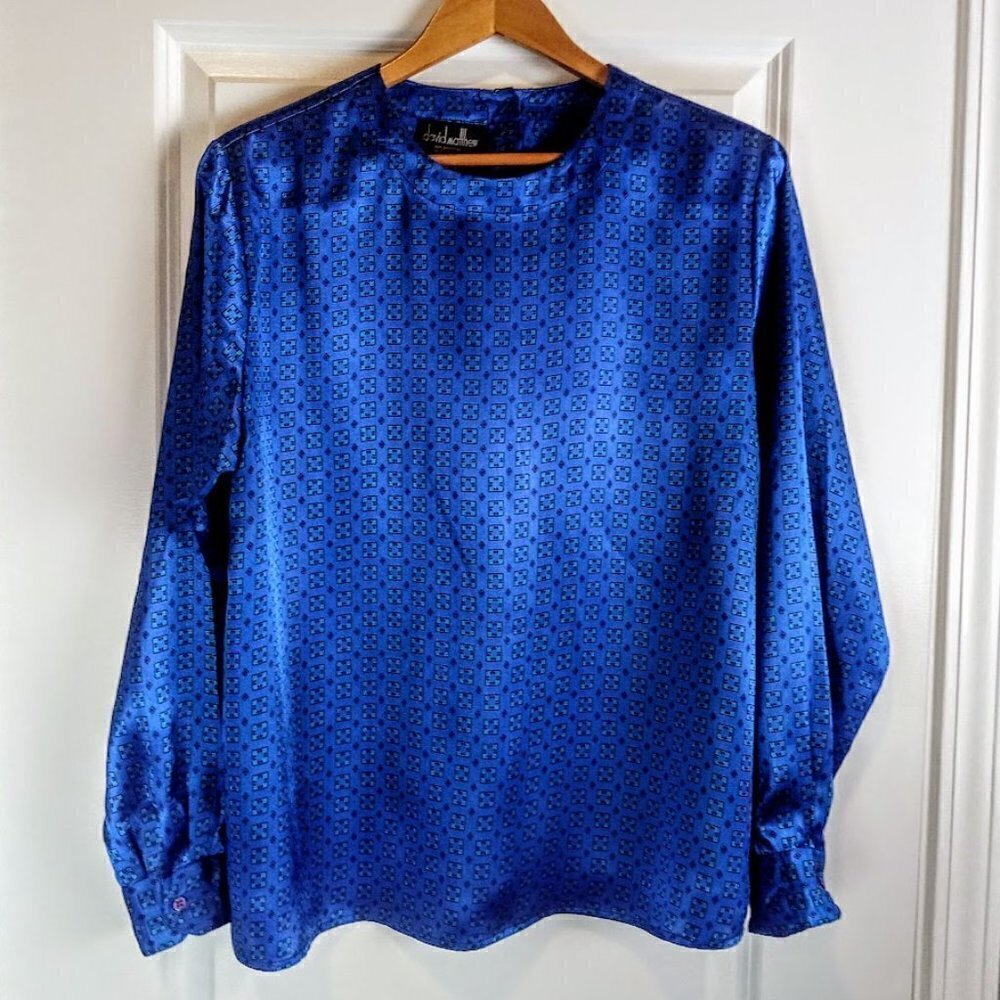 Vintage David Matthew Blue Green Print Satin LS Top